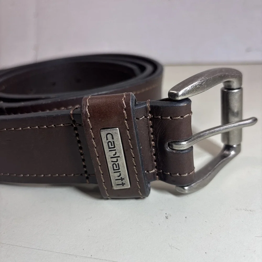 Carhartt Mens Brown Full Grain Leather Work Belt Size 44 WB5561-M Buckle Logo